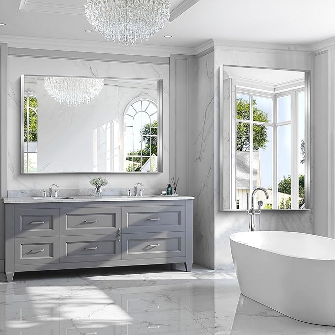 CIRCUMI Silver Bathroom Mirror, Brushed Finish, Tempered Glass, Large Mirror - Image 6
