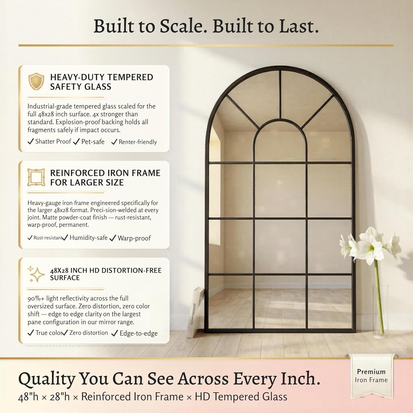 48x28Inch Arched Window Pane Mirror| Black Arched Mirrors for Wall & Floor | Arch Mirror Full Length for Entryway Living Room & Bedroom | Oversized Mirrors | Wall Art Decorative |Farmhouse Décor