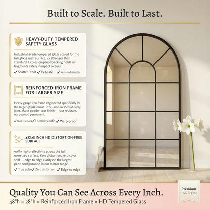 48x28Inch Arched Window Pane Mirror| Black Arched Mirrors for Wall & Floor | Arch Mirror Full Length for Entryway Living Room & Bedroom | Oversized Mirrors | Wall Art Decorative |Farmhouse Décor