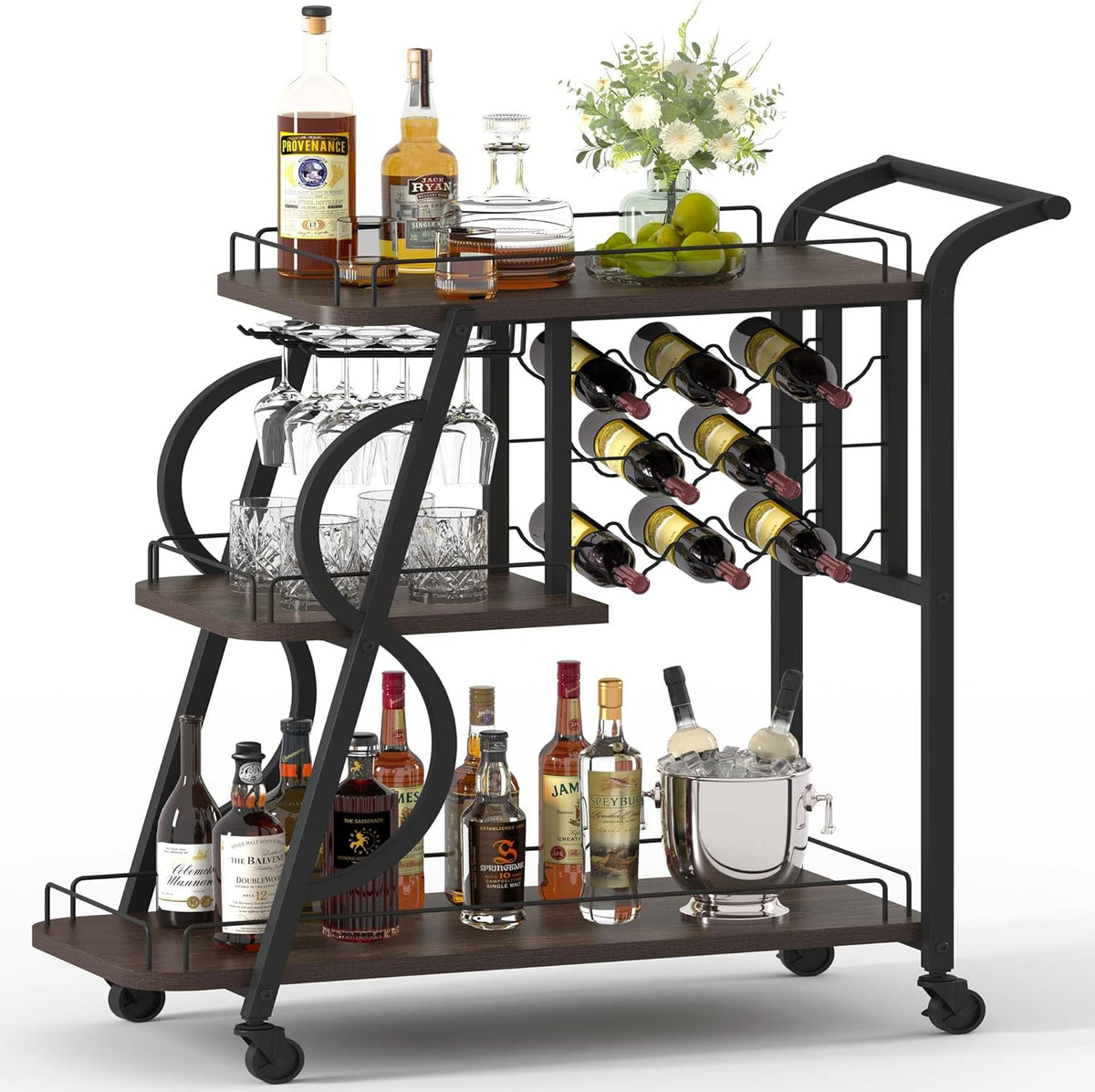 Rustic Bar Cart, 3 Tier Rolling Bar Carts for The Home, Industrial Home Servi...