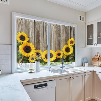 Sunflower Kitchen Curtains 36 Inch Length Farmhouse Window Short Tier Curtains Over Sink Set of 2, Wooden Board Flower Summer Vintage Small Kitchen Decor 26x36 Inch