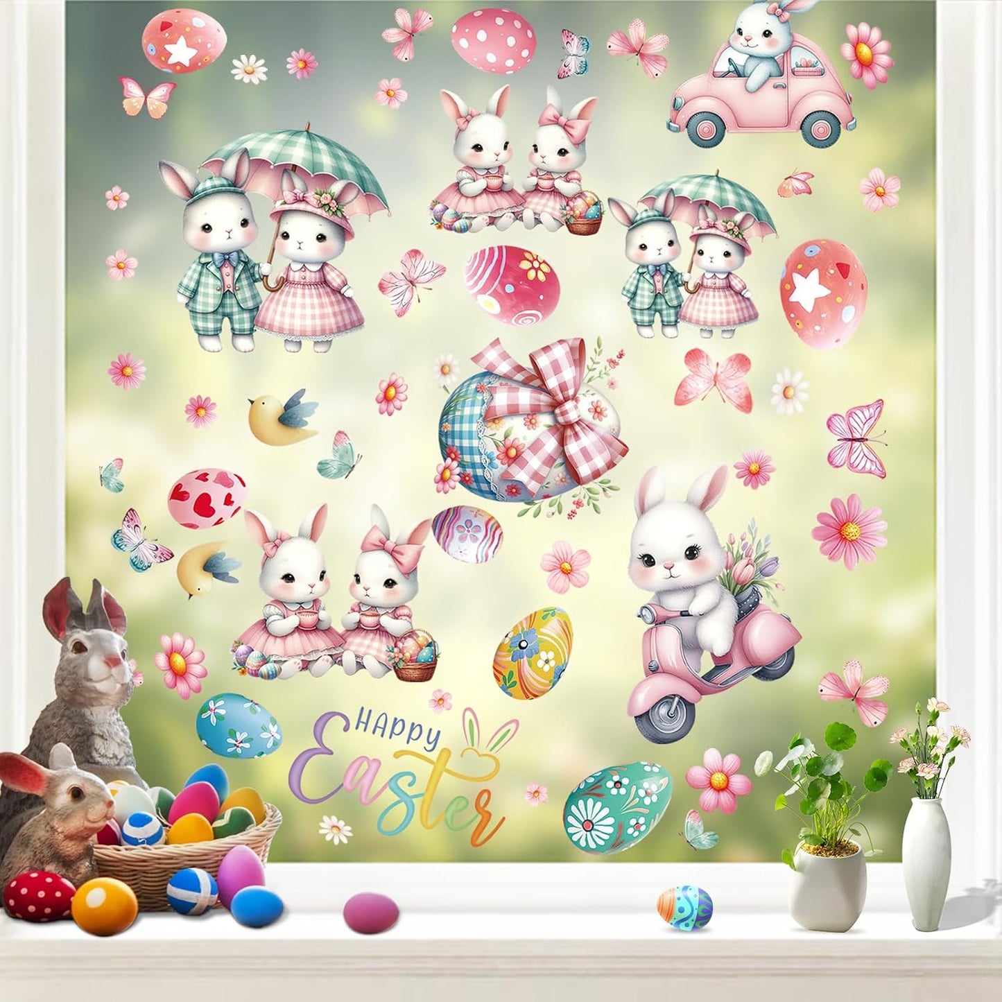 Summer Window Clings,Pink Large Easter Painting Bunnies Stickers,Spring Tulips Reusable Holiday Window Sticker for Kids,Wall Decals Decorations for Home School Office Nursery Shop,9 Sheets