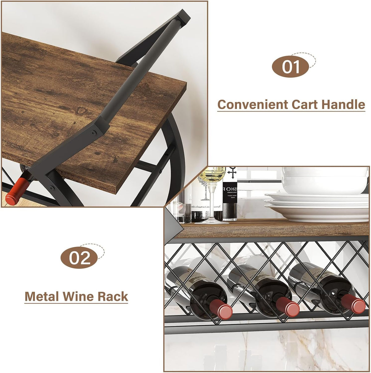 LVB Industrial Bar Cart, Beverage Serving Cart with Wheels, Rustic Brown