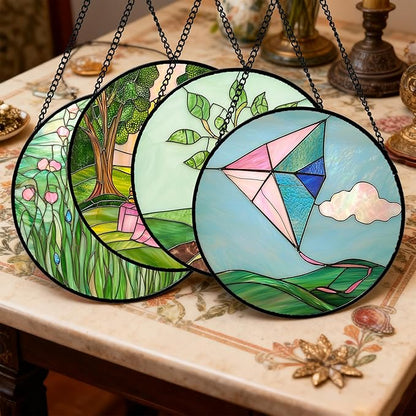 AMDERVEN Stained Glass Window Hanging 4 Pcs Set Pink Green Spring Saplings - Image 2