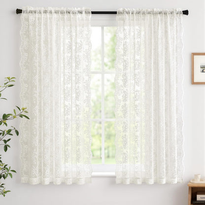 2 Panels Vintage Lace Curtains 63 Inches Length 52 x 63 Inch Ivory | Floral and Branch Pattern, Elegant, Romantic, Sheer, Light Filtering, Lacy Drapes, Living Room, Bedroom