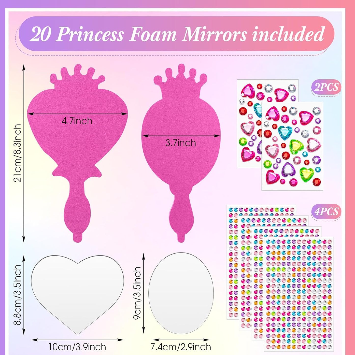 Geetery 20 Pcs Unbreakable Kids Mirror DIY Decorate Your Own Princess Mirror Mermaid Princess Foam Small Crafts for Princess Party Decorations(Pink)