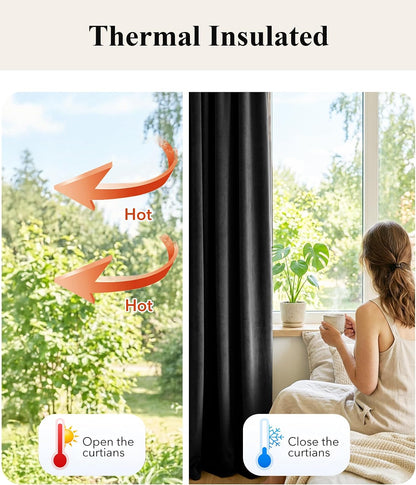 Black Velvet Blackout Curtains Grommet Thermal, W52 x L84, 2 Panels | Thermal Insulated, 300GSM Soft Velvet, Curtain Panels Chill Resist, Noise Reducing, Living Room, Bedroom, Home Theater
