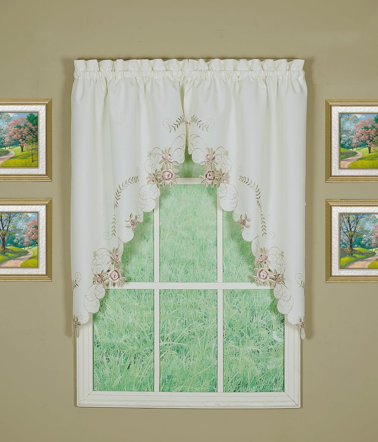 Today's Curtain Verona Reverse Embroidery Swag, 38", Ecru/Rose, 60"W X 38"L