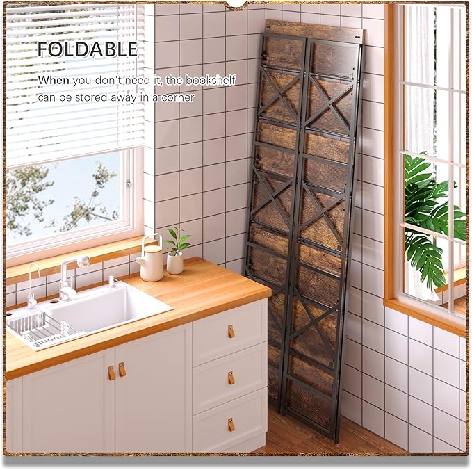 4NM 7 Tiers No Assembly Book Shelves, 72.4" H Folding Bookshelf Bookcase Open - Image 4