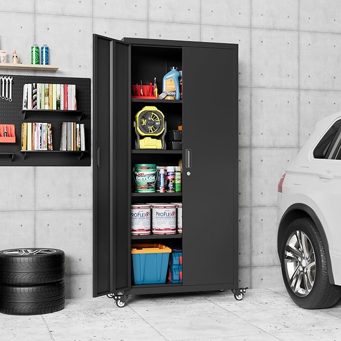 Garage Storage Cabinet with Wheels, Metal Storage Cabinet with 4 Adjustable - Image 4