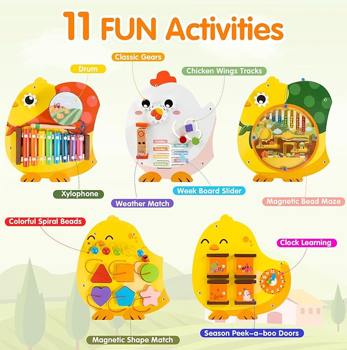 Chick Squad Activity Wall Busy Board Panels | 11-in-1 Wooden Sensory Wall Panel - Image 2
