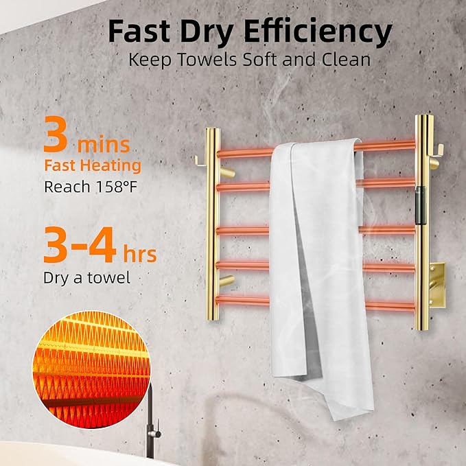 P&Bhusri Polished Gold Heated Towel Rack, 21.65" L x 17.72" H 5-bar Fast Dry - Image 3