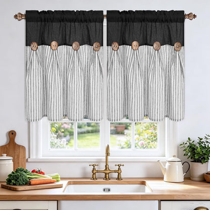 BLEUM CADE Farmhouse Kitchen Curtains 24 Inch, Cotton Linen Cafe Curtains with Rustic Buttons, Boho Small Window Curtains for Bathroom, Black with Grey Stripe Half Window Drapes Over Sink, 2 Panels