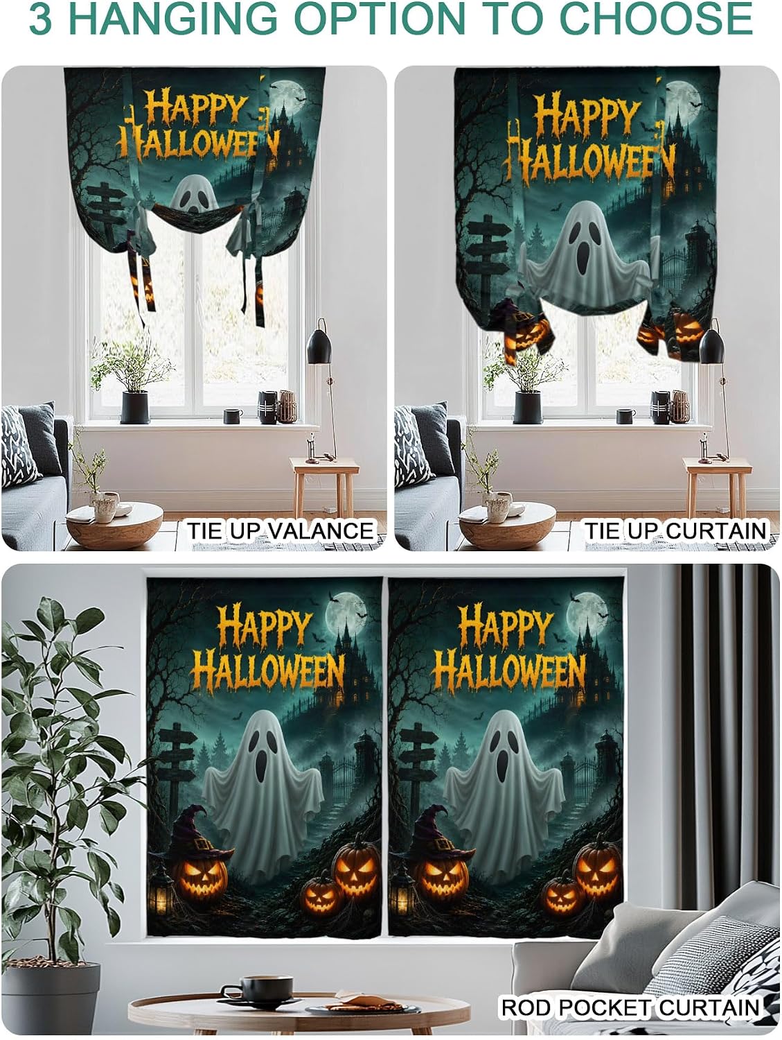 Happy Halloween Ghost Pumpkin Tie Up Curtains for Windows, Retro Haunted House Rod Pocket Window Shade Adjustable Balloon Curtain Valance for Bedroom Kitchen Bathroom Blinds 34x45in