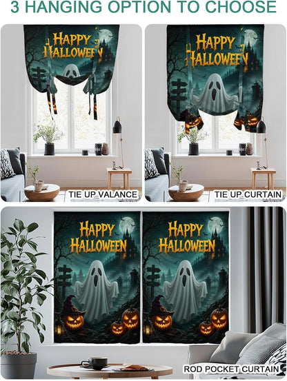 Happy Halloween Ghost Pumpkin Tie Up Curtains for Windows, Retro Haunted House Rod Pocket Window Shade Adjustable Balloon Curtain Valance for Bedroom Kitchen Bathroom Blinds 34x45in