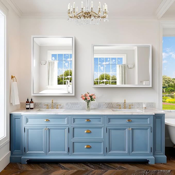 42x30 Silver Bathroom Mirror, Brushed Silver Rectangular Mirror - Image 3