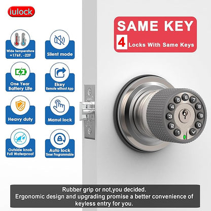 iulock Smart Door Knob with Keypad and Key, Keyless Entry Door Lock with Rubber - Image 3