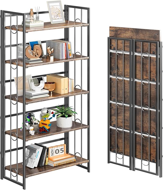 4NM No Assembly 5 Tiers Folding Bookshelf, 59.4" H Foldable Storage Shelves by 4NM