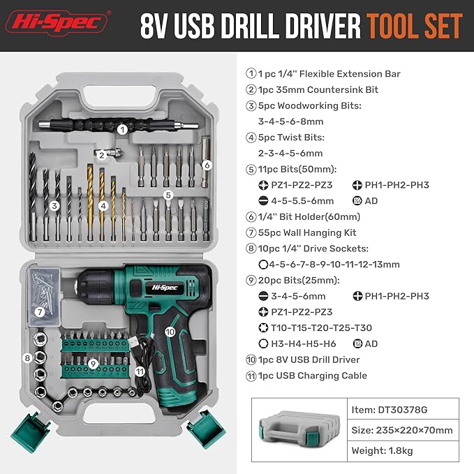 Hi-Spec 110pc Green 8V USB Electric Power Cordless Drill Driver Set. Drill Bits - Image 2