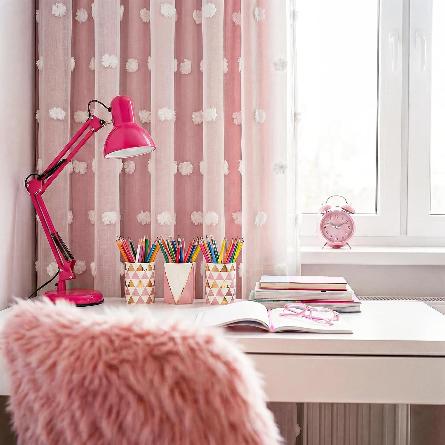 RYB HOME Room Darkening Pink Pom Pom Curtains for Nursery, Double Layer | Sheer Overlay, Cute Princess Style Decor, For Baby Girls Toddler Room, With 2 Bow Tie Backs,W52 x L63,2 Panels