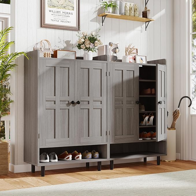 Farmhouse Shoe Cabinet with Doors, 6-Tier Wooden Shoe Organizer with Adjustable - Image 4
