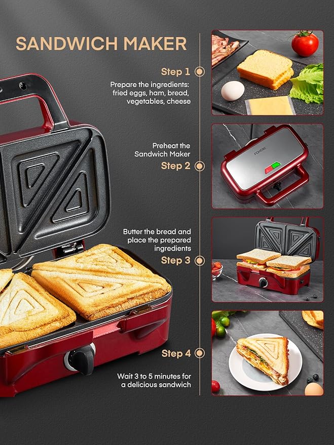 FOHERE Waffle Maker 3 in 1 Sandwich Maker 1200W Panini Press - Image 2