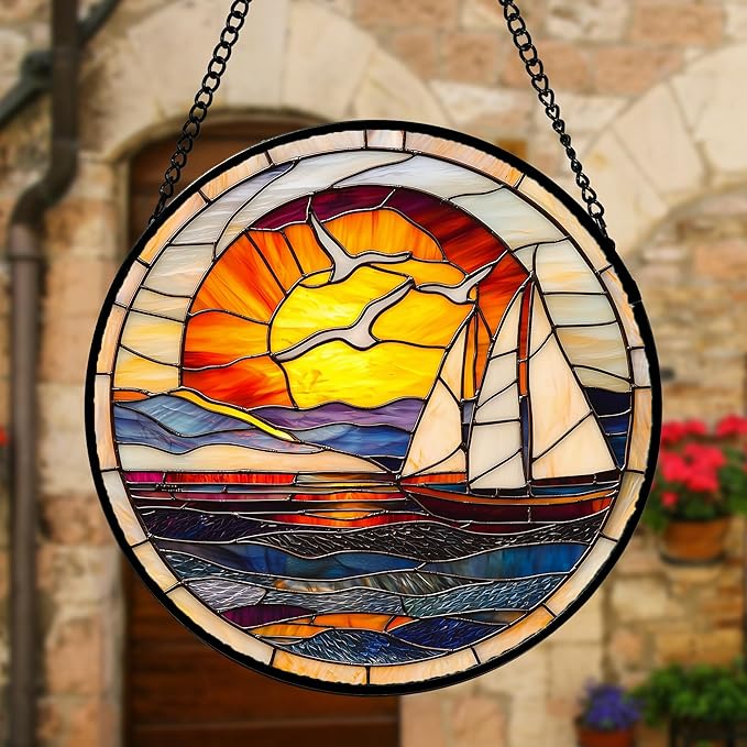 DASTOLL Stained Glass Window Hanging, Sun Ocean Sailboat Seagull Abstract - Image 2