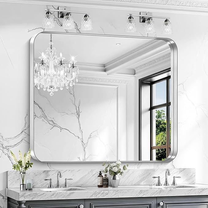 CIRCUMI Silver Bathroom Mirror, Rounded Corner, Tempered Glass, Large Mirror by CIRCUMIMirror