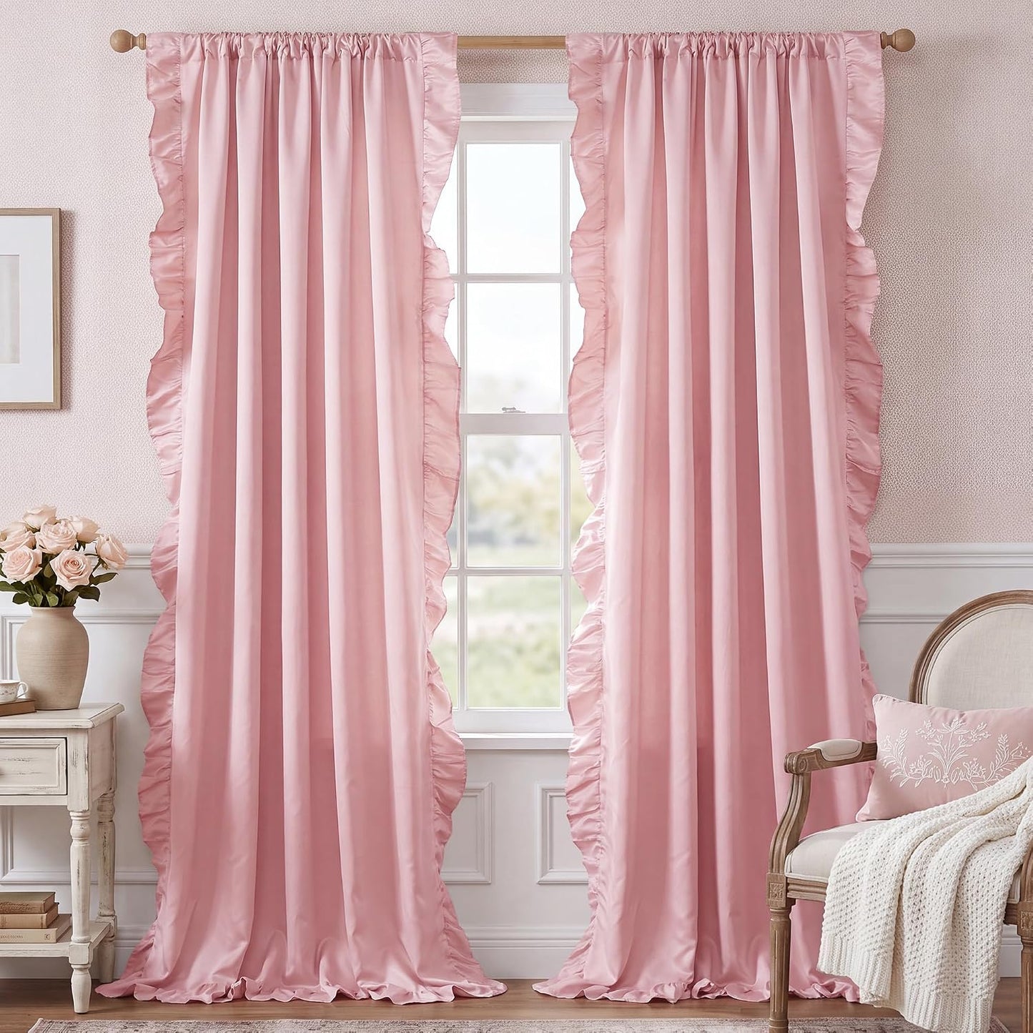Pink Ruffle Curtains 52x90 Long 2 Panels for Girls Room | Vintage Shabby Chic Romantic Drapes for Nursery, Light Filtering Privacy Window Treatments for Vanity Room, Bathroom