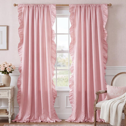Pink Ruffle Curtains 52x90 Long 2 Panels for Girls Room | Vintage Shabby Chic Romantic Drapes for Nursery, Light Filtering Privacy Window Treatments for Vanity Room, Bathroom