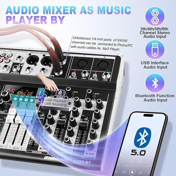 8 Channel Audio Mixer DJ Mixer Sound Board Console 16 Dsp USB Audio Interface - Image 4