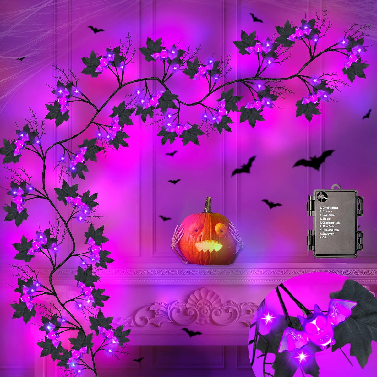 9FT 72 LED Halloween Willow Vine Twig Decor Black Halloween Garland with Bat ...
