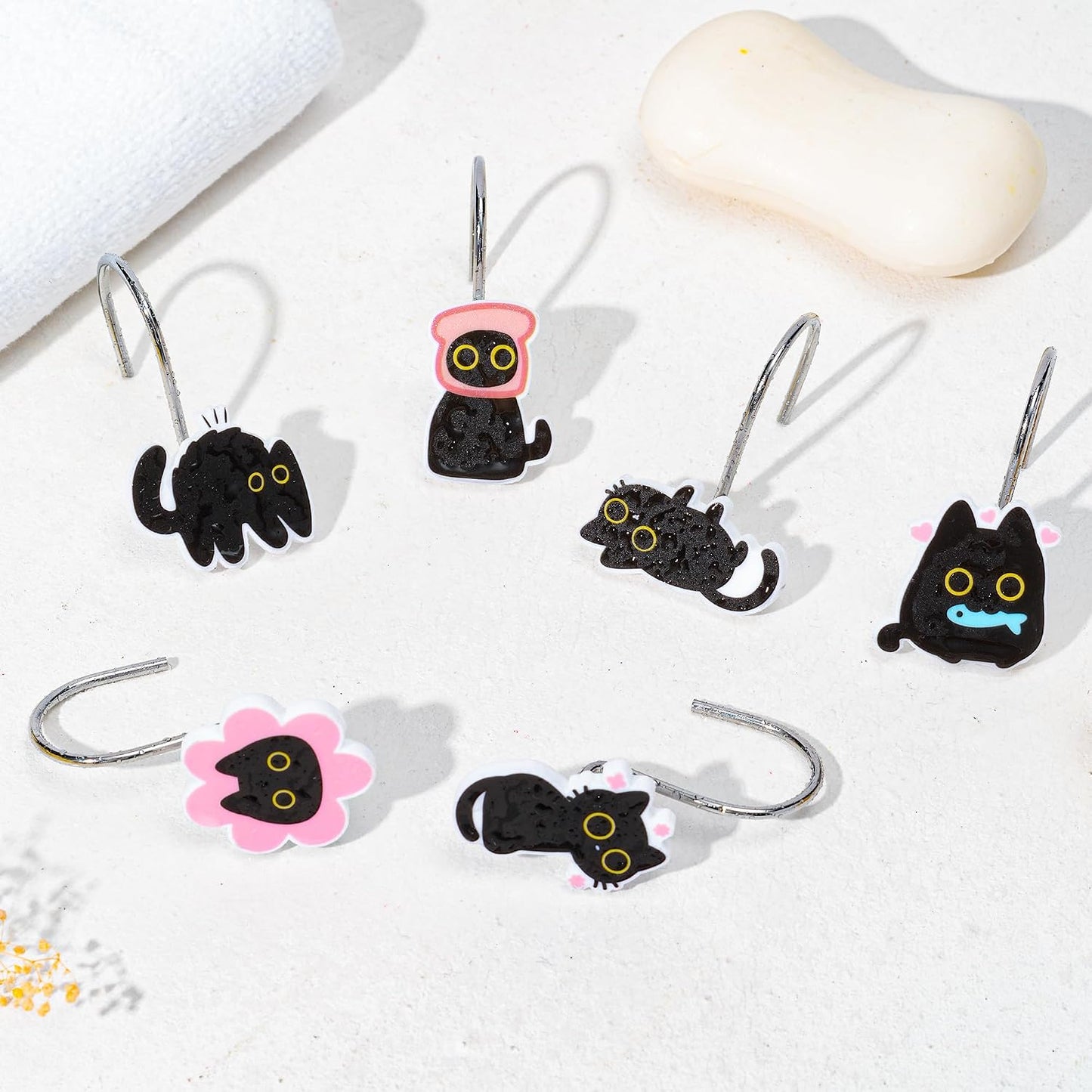MALLMALL6 12Pcs Black Cat Shower Curtain Hooks Metal Rustproof Funny Decorative Pendants with Pink Flower Bread Fish for Bathroom Bedroom Room Home Lovely Decor Accessories Stainless Curtain Rings