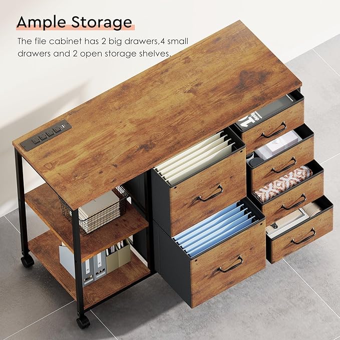 6 Drawer File Cabinet with Charging Station Rolling Printer Stand with Open - Image 7