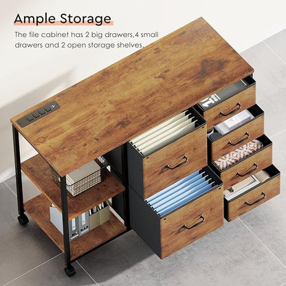 6 Drawer File Cabinet with Charging Station Rolling Printer Stand with Open - Image 7
