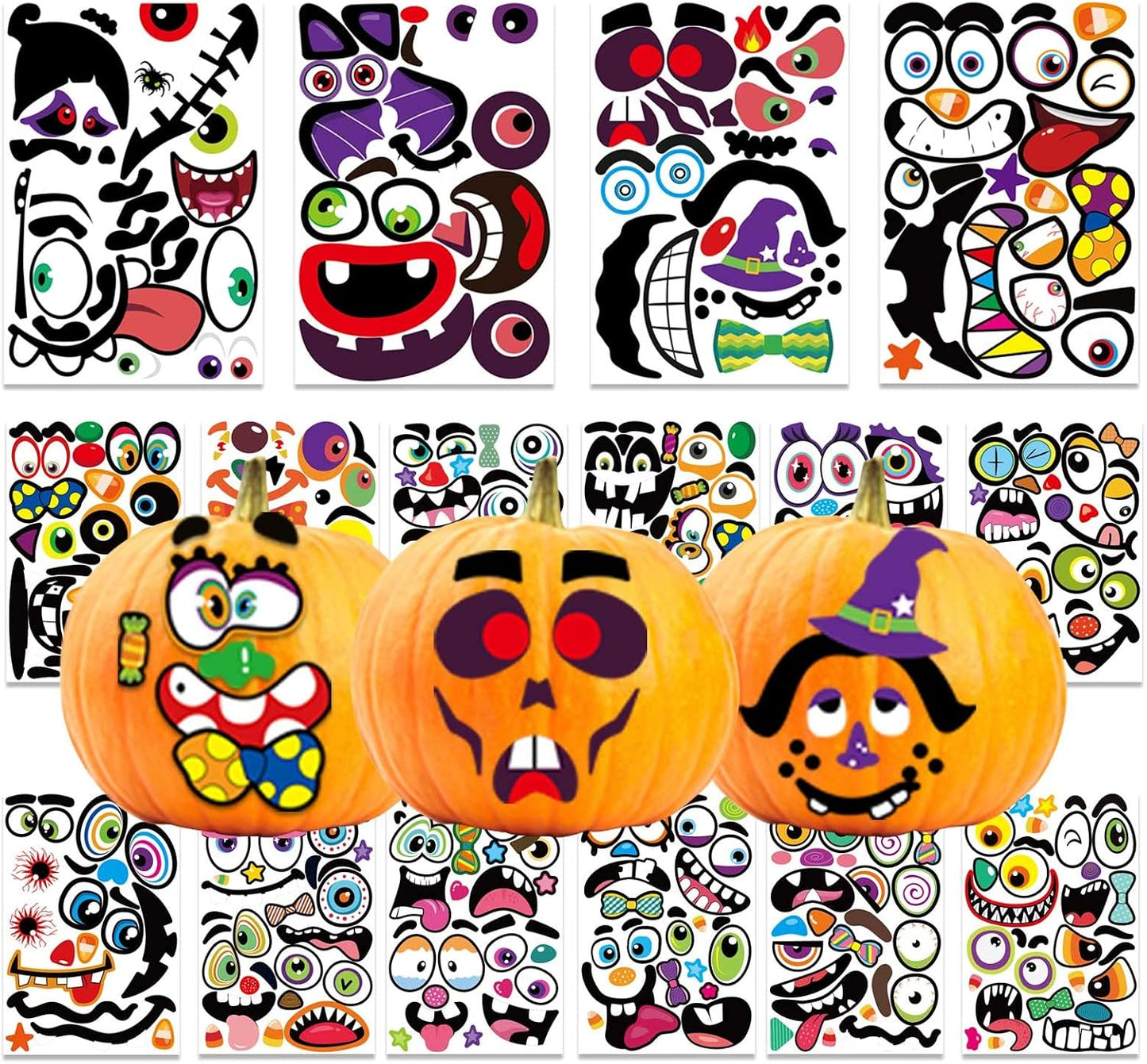 Halloween Pumpkin Face Stickers Halloween Pumpkin Decorating Stickers | 64 Pack Large Pumpkin Craft Stickers for Kids Toddlers Make Jack-O-Lantern Face Decals for Pumpkins and Squashes