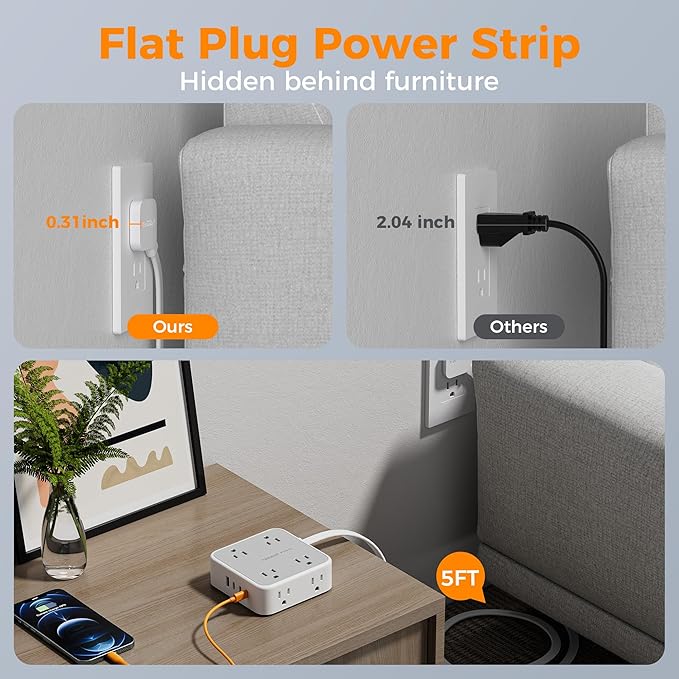 Surge Protector Power Strip, TESSAN 5 FT Extension Cord - Image 4