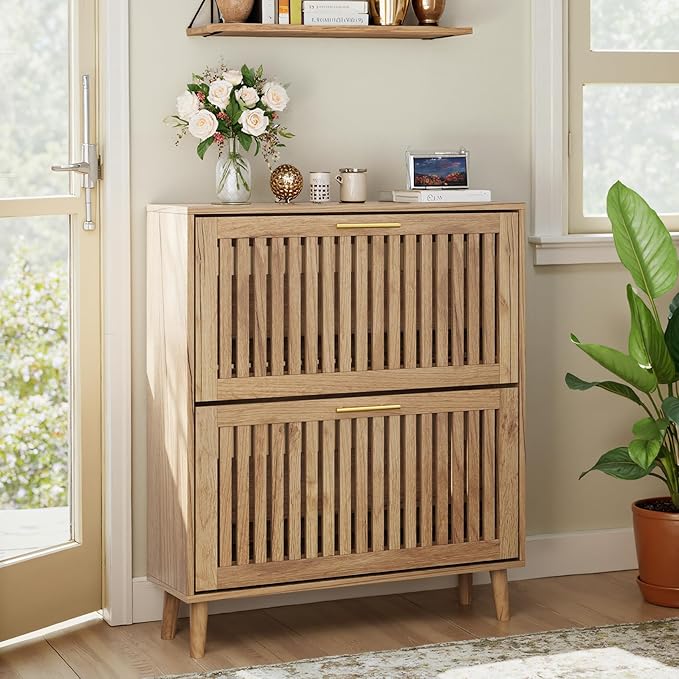 Shoe Storage Cabinet with 2 Flip Slatted Drawers, Narrow Freestanding Shoe - Image 6