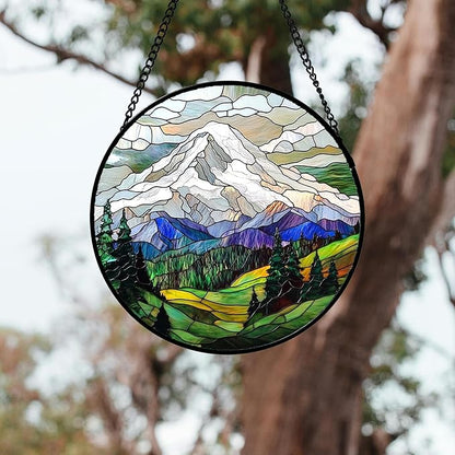 DASTOLL Stained Glass Window Hanging 4 Pcs Set Mountains Lake Green White - Image 3