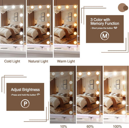 halumao Vanity Makeup Mirror with Lights, Light Up Mirror with Smart Touch 3 Colors Dimmable, Memory Function