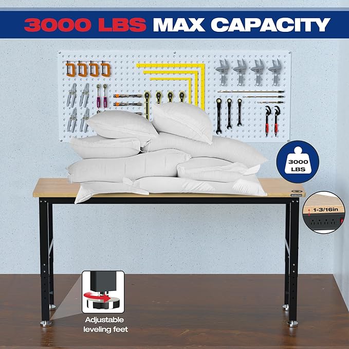 WORKPRO 72" Adjustable Workbench, 3000 LBS Load Capacity Hardwood Garage - Image 2