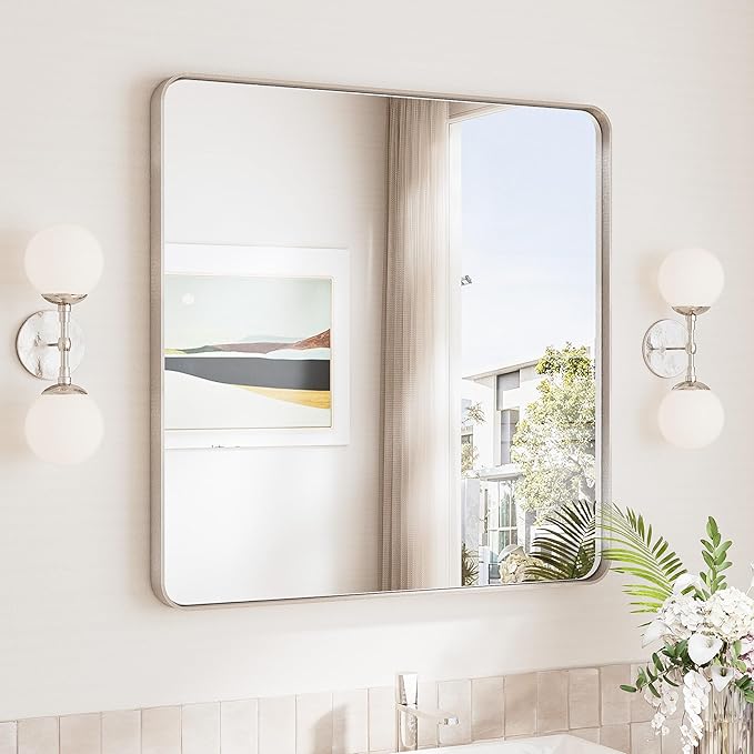 TokeShimi 30 x 30 Brushed Nickel Bathroom Mirror, Nickel Vanity Mirror by RefinedBathroomAccessories