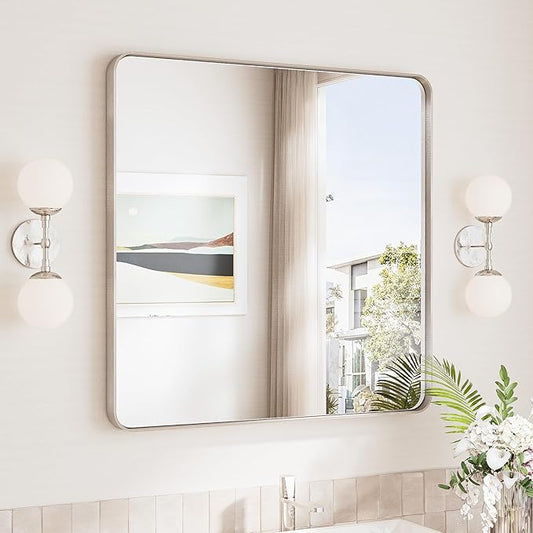 TokeShimi 30 x 30 Brushed Nickel Bathroom Mirror, Nickel Vanity Mirror by RefinedBathroomAccessories