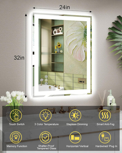 24x32 LED Bathroom Mirror, 6000LM, Separate Front and Back Lights | UL Certified,Shatter-Resistant Tempered Glass,Auto-Off Defogger,3 Color Modes,Smooth Dimming,Smart Memory Setting