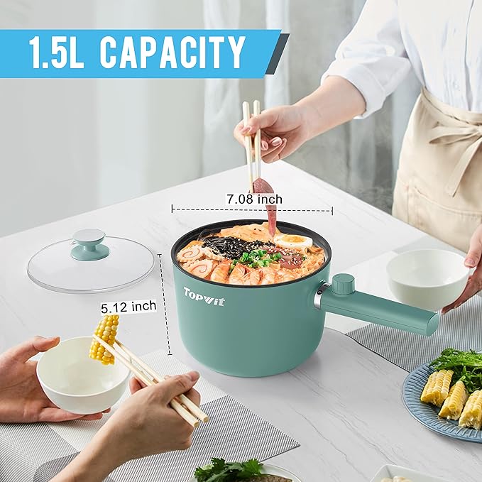Topwit Hot Pot Electric, 1.5L Ramen Cooker, Portable Non-Stick Frying Pan - Image 3