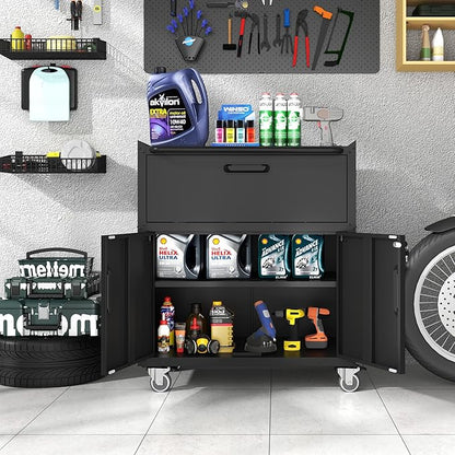 Metal Storage Cabinet with Wheels, Lockable Garage Storage Cabinet with 2 Doors - Image 2