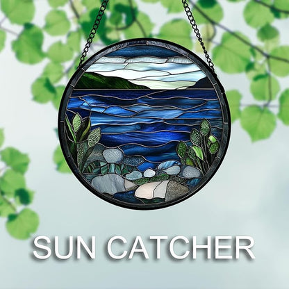 AMDERVEN Stained Glass Window Hanging 4 Pcs Set Navy Blue Ocean Landscape 9.8" - Image 3