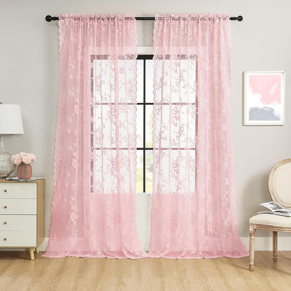 Baby Pink Lace Curtains 72 Inch Length 2 Panels Set - Romantic Flower Sheer for Living Room Bedroom Decor - Rod Pocket Light Filtering Window Panels for Kids Girls Nursery Room, 52x72