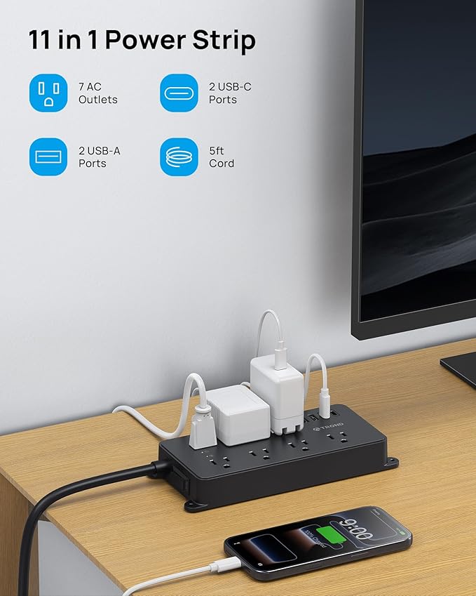 TROND Power Strip Surge Protector, 7 Widely-Spaced Outlets, 2 USB-A & 2 USB-C - Image 7