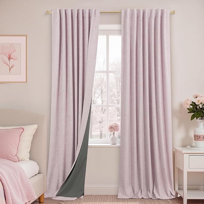 KOUFALL Light Pink Linen Blackout Curtains by KOUFALL